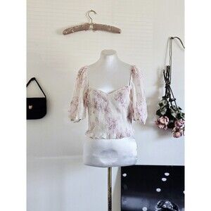 H&M Crop Top Woman's M Cream Pink Floral Puff Sleeve Coquette